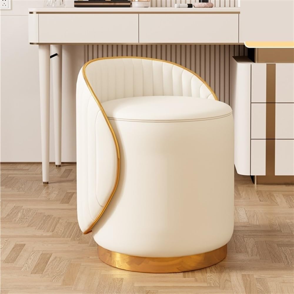 RKUVPAE 360° Swivel Makeup Chair, Vanity Stool with Gold Base, Leather Ottoman with Backrest, Modern Round Stool for Living Room, Bedroom(Color:White)